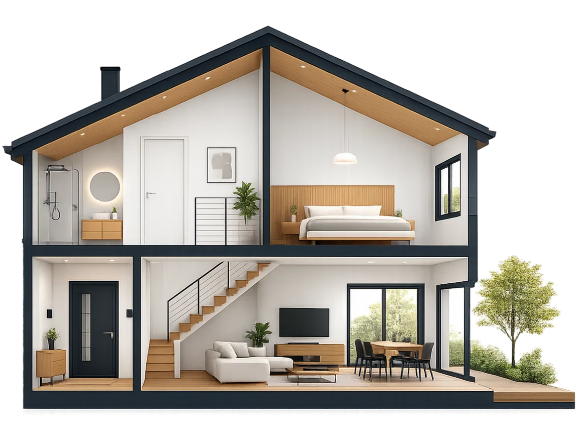 Coupe d'une maison : combles, rampants, murs et plancher bas isolés par BRETIC